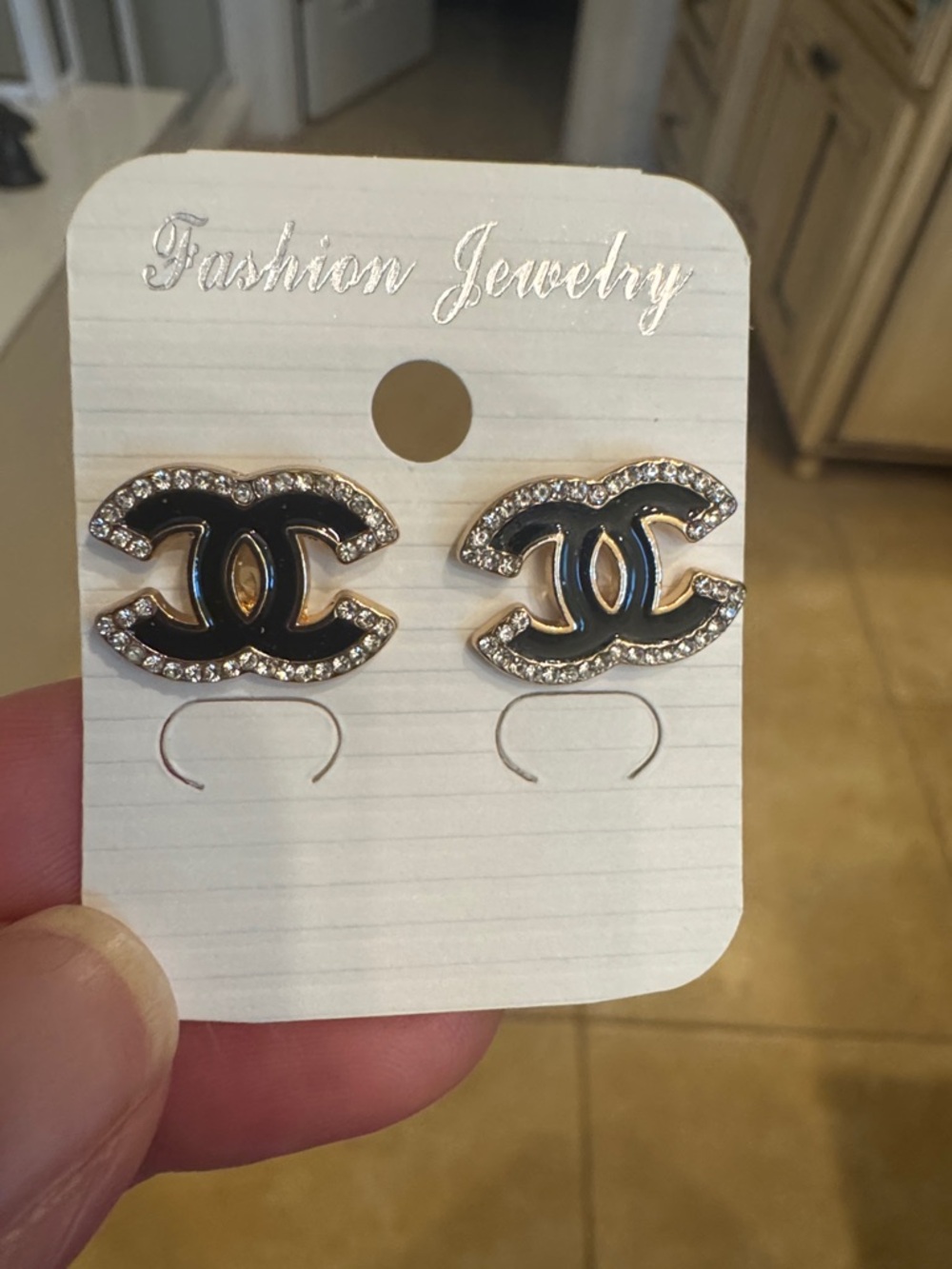 Black Rhinestone Interlocking Logo Stud Earrings - Fashion Jewelry
